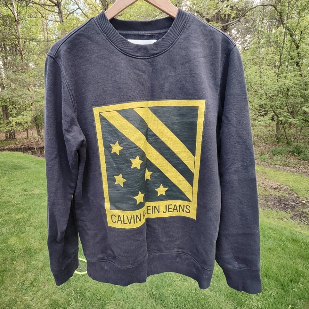Calvin Klein Jeans Sz M Mens Navy Yellow Heavy Crew Sweatshirt Stars Stripes USA